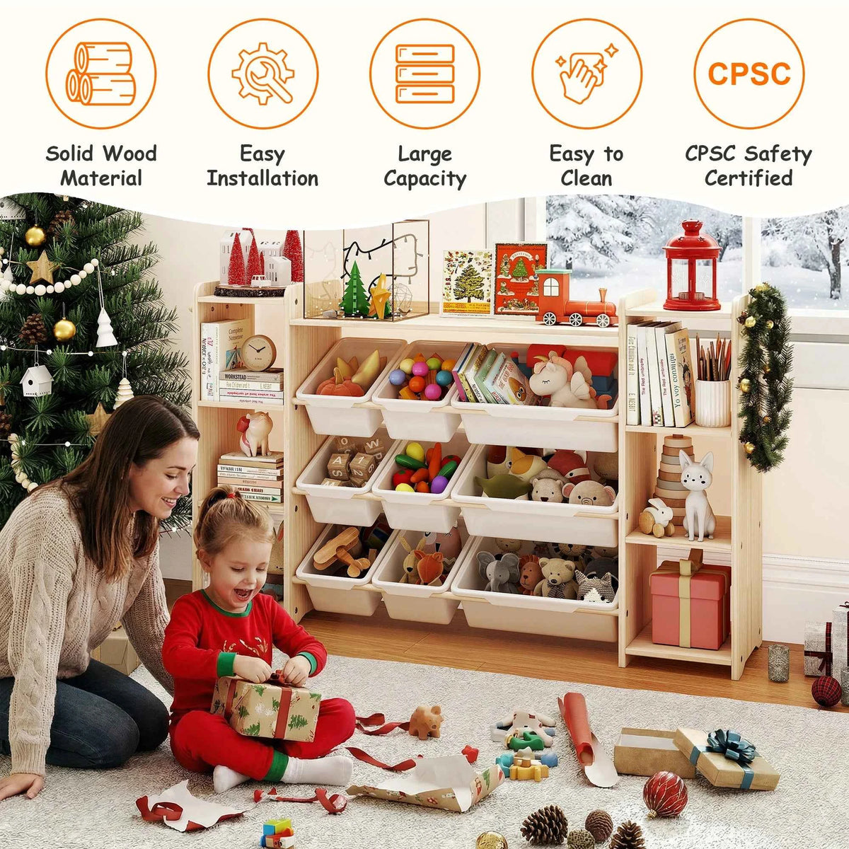 White Bookshelf and Toy Storage Organizer with 6 Shelves, 9 Bins, & 6 Hooks,