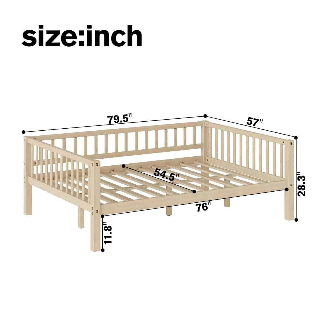 Full Size Daybed Frame with 3-Sided Guardrails, Wood Slat Support Breathable Leisure Bed for Kids Bedroom, Natural