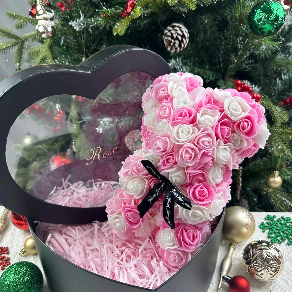 25cm Artificial Teddy Rose Flower Bear with Box. Romantic Valentines Day Gift, Girlfriend,  Anniversary, Wedding Party, Supplies