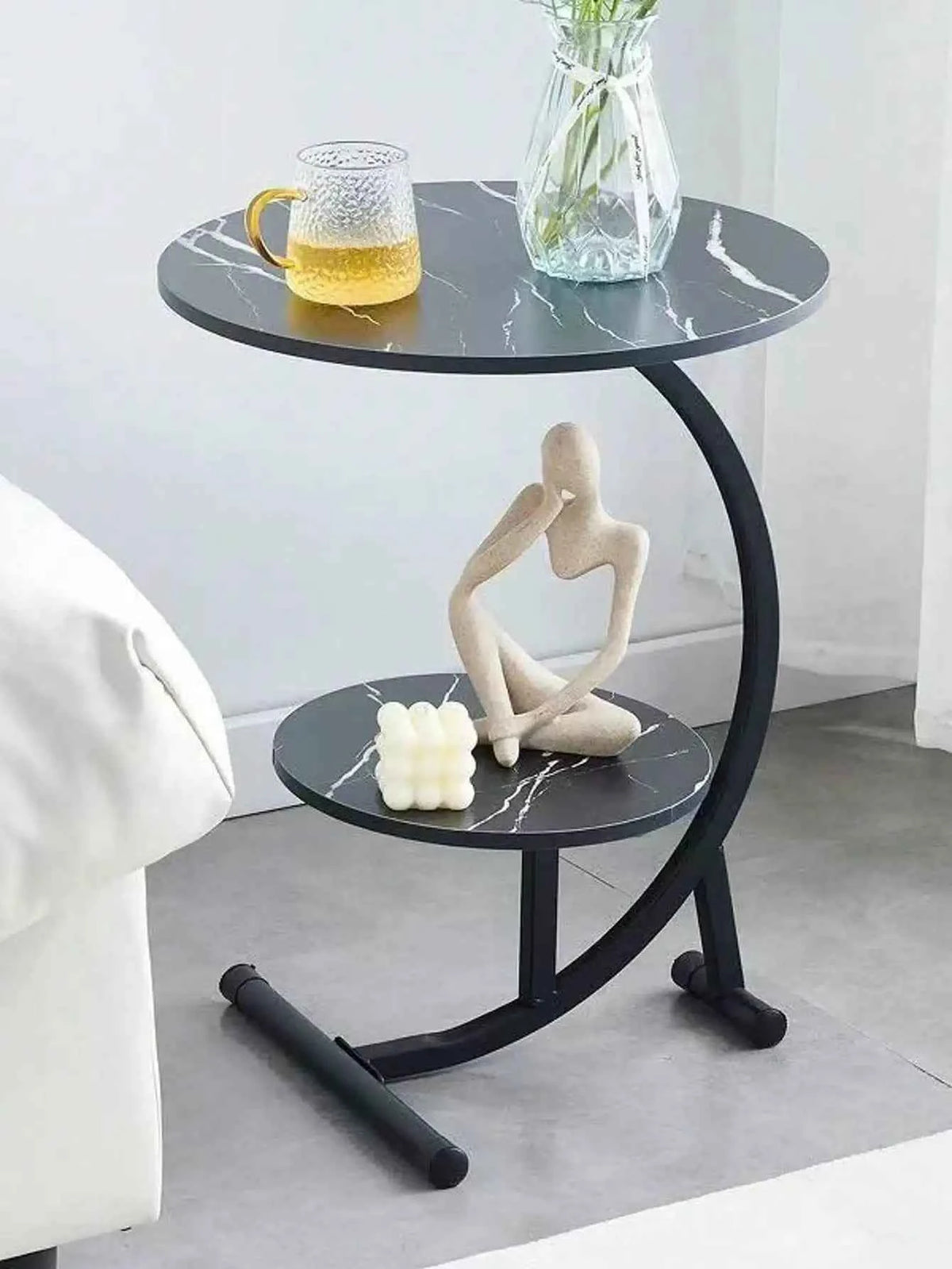 Round C Shaped 2 Tier Side Table with Modern Faux Marble.  Metal Frame. Space Saving and Small