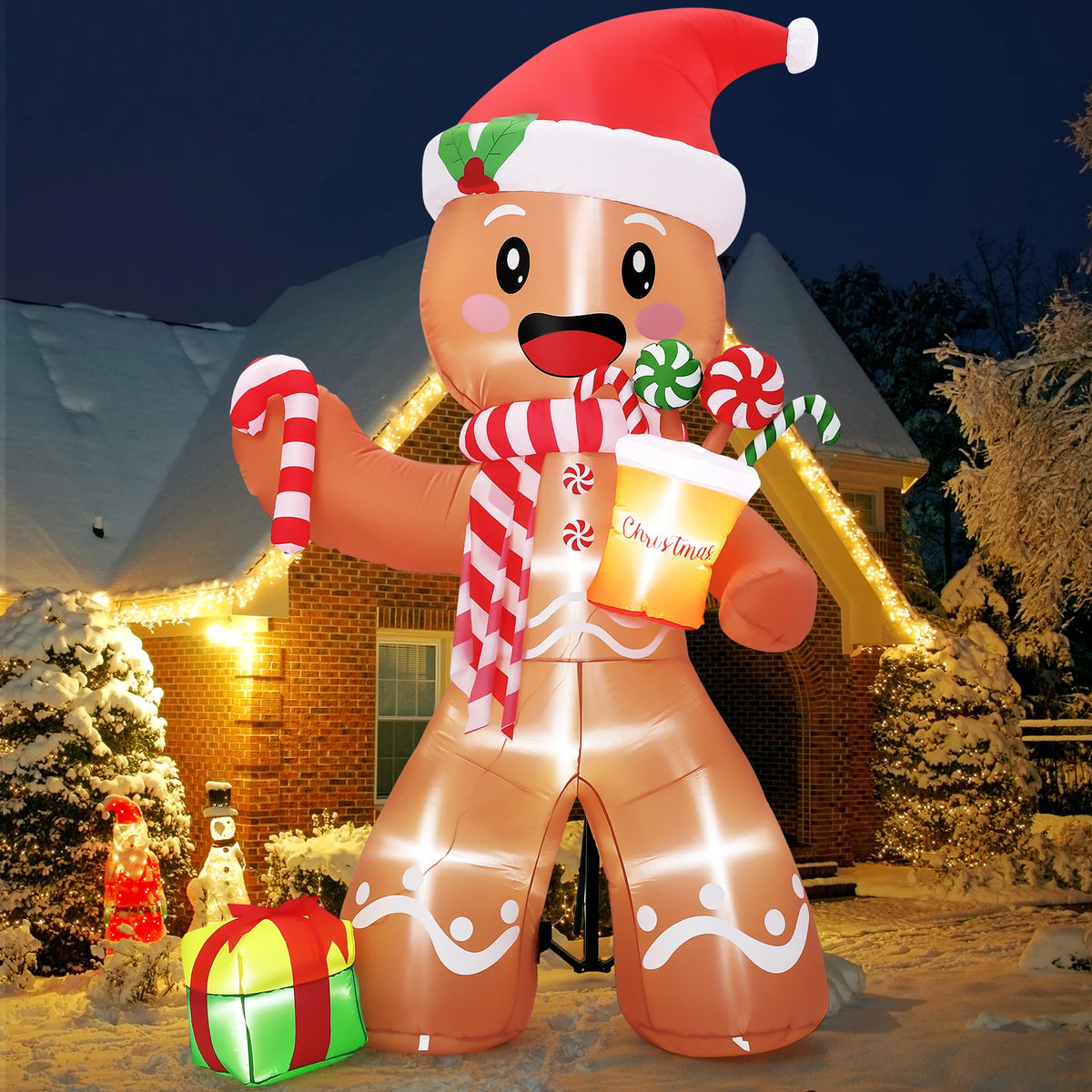 8ft Christmas Gingerbread Man Inflatable With Led Lights, Blow Up Outdoor Yard Decoration For Lawn, Garden, Porch, Indoor. Holiday Party Decor