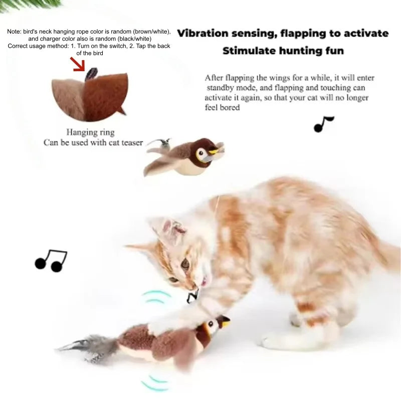Simulated Bird Cat Toy that is Interactive. Rechargeable Chirping & Flapping Bird(no Flying) Touch Activated Plush Toy Pet