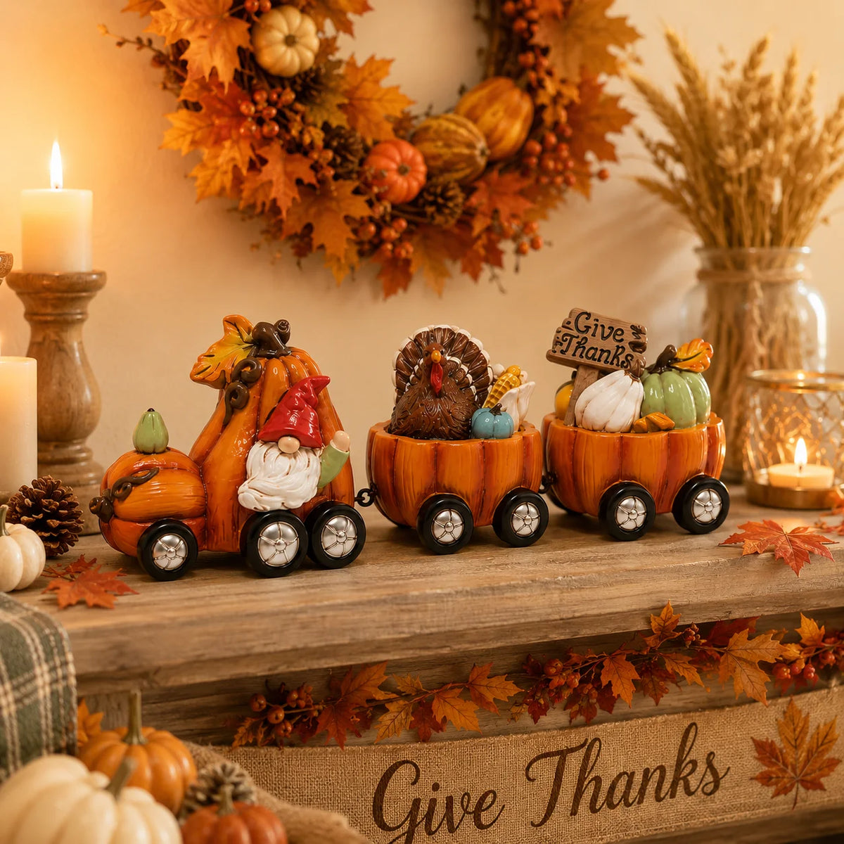 Hodao Resin Thanksgiving Pumpkin Train Figure, 3-Car Fall Harvest Decoration with Gnome, Turkey, Corn, Pumpkins & Give Thanks Sign, 7.8" Long Autumn Farmhouse Tabletop Centerpiece, Seasonal Shelf Mantel Decoration