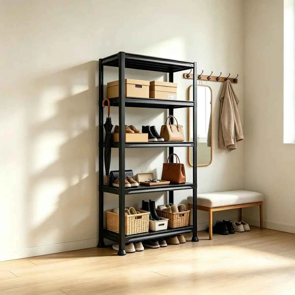 4 & 5 Tier Plastic Storage Shelving Unit, Heavy Duty Black PP Utility Rack, 3 Sizes Available Waterproof Organizer.