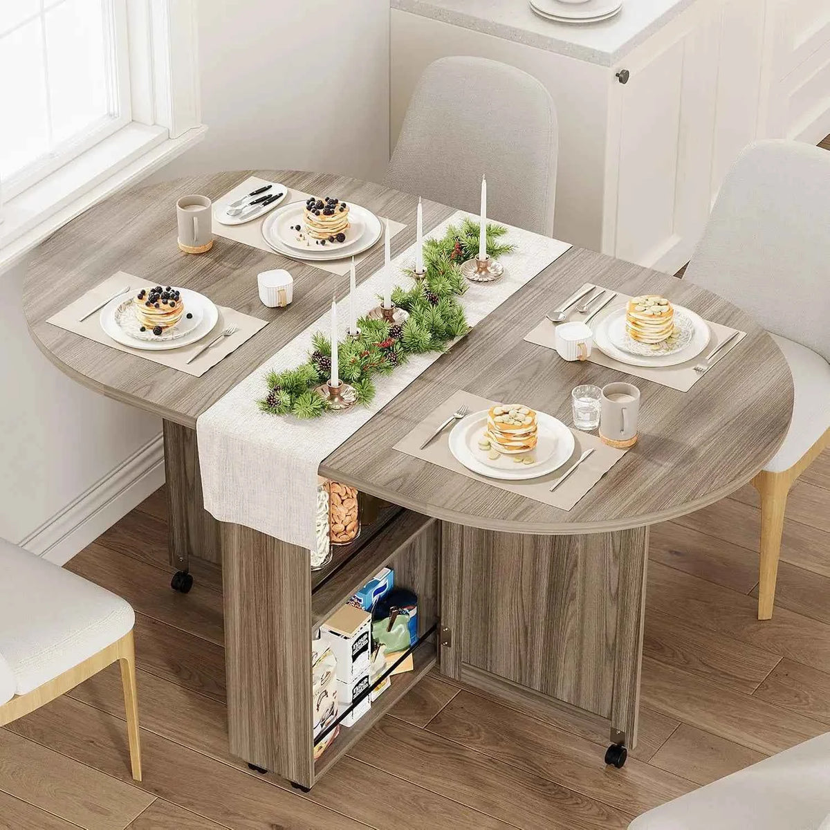 3-in-1 Folding Dining Table With Wine Rack, Drawer & Cup Holders, Drop Leaf Oval Kitchen Table On Lockable Casters For Small Spaces