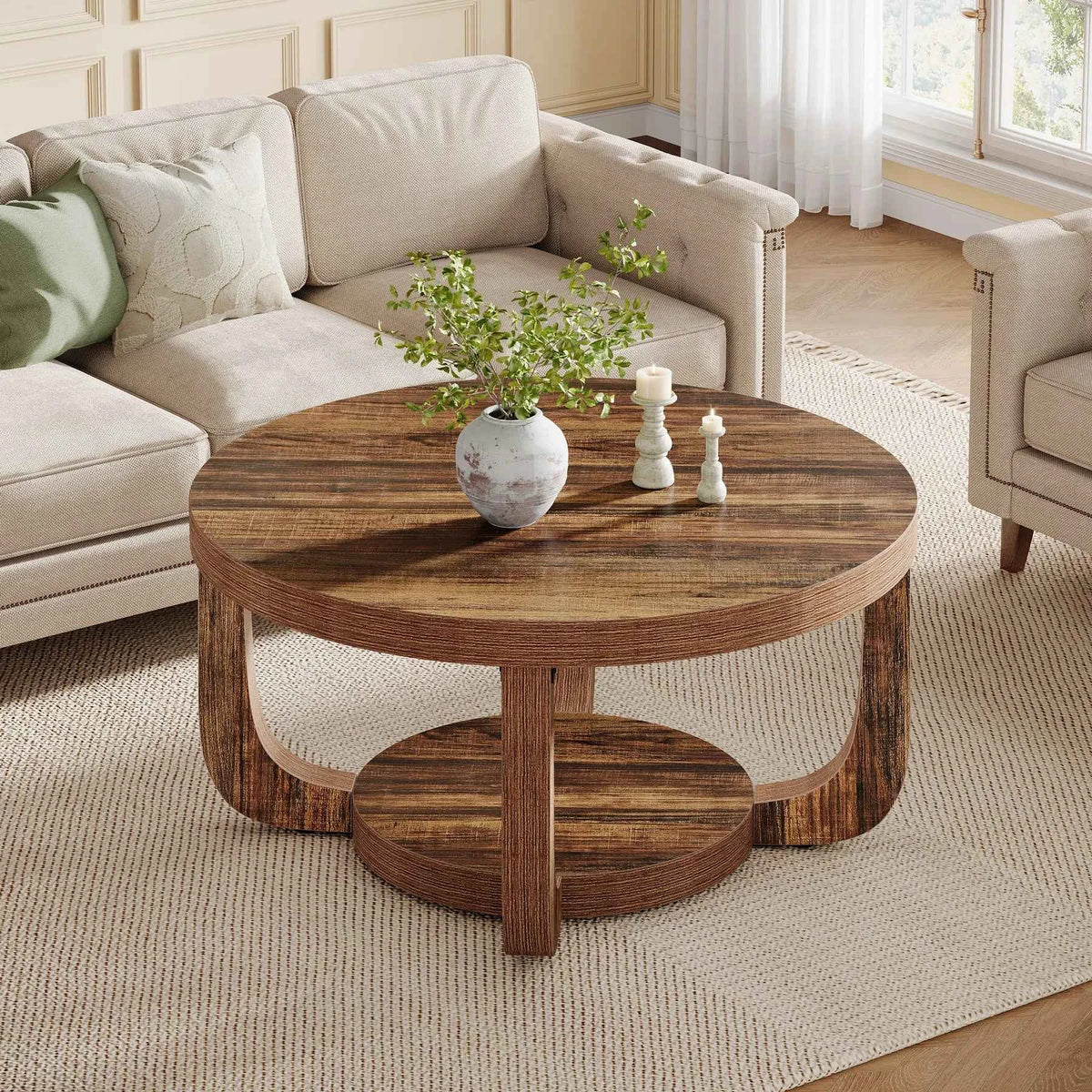 Tribesigns Round Coffee Table, 2-Tier Circle Coffee Table with Storage, Modern Wooden Accent Center Table for Living Room