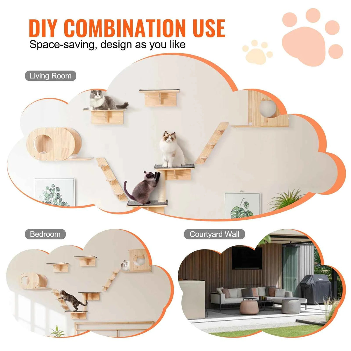 SucceBuy Wall Mounted Cat Shelves  and Perches with Jumping Boards, Hammocks & Cat Tree, Cat Furniture and Shelves