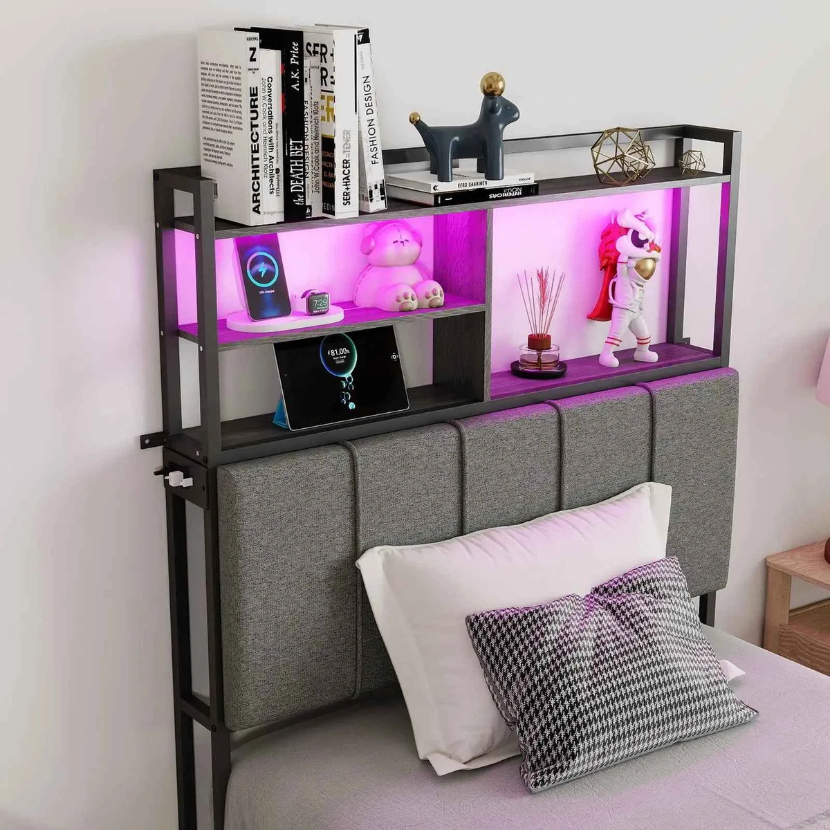 Tall Wood Headboard,  Queen Size with 3-Tier Storage Shelves with Linen Upholstered Head Board. Customized
