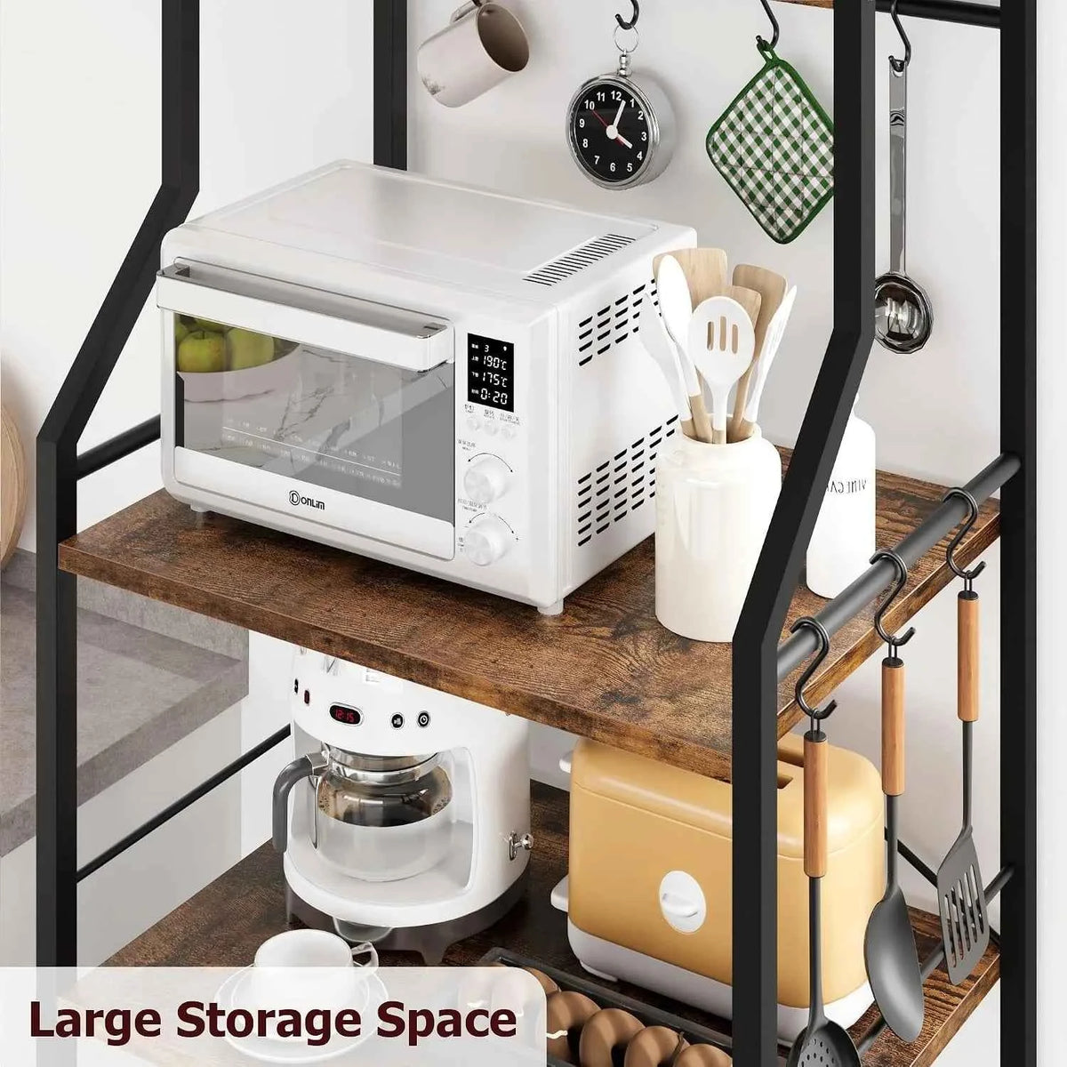 5 Tier Kitchen Bakers Rack with Microwave Stand. Freestanding Storage Shelf with Wire Baskets. Hooks,  Industrial Style Organizer