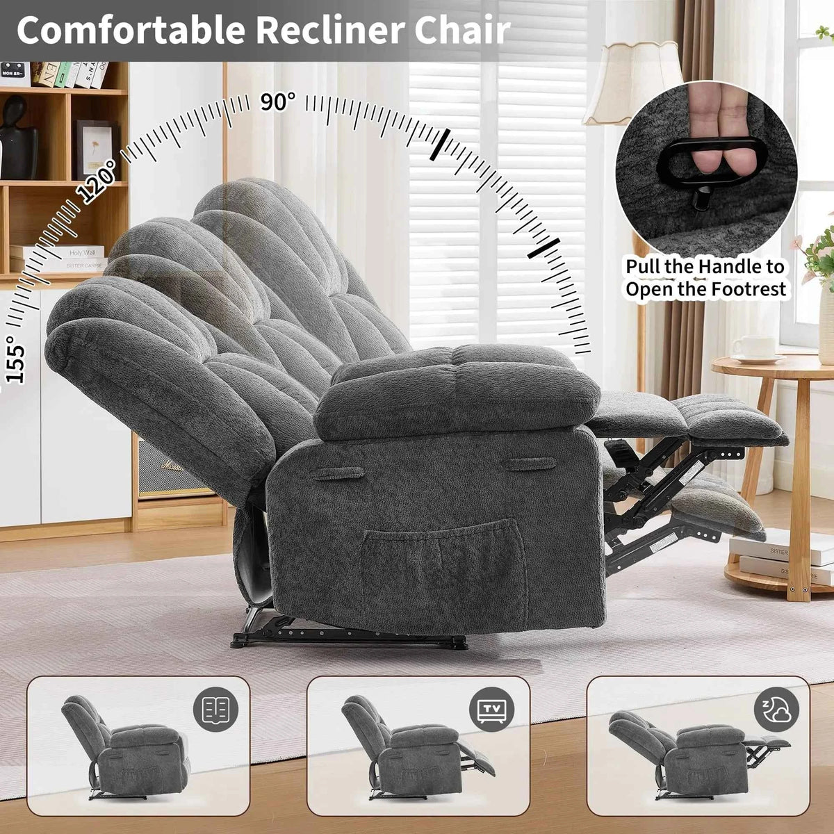 Extra Wide Manual Recliner Chair For Adults. 155 Degree Reclining Upholstered Armchair. Ergonomic Chair With Terry Cloth
