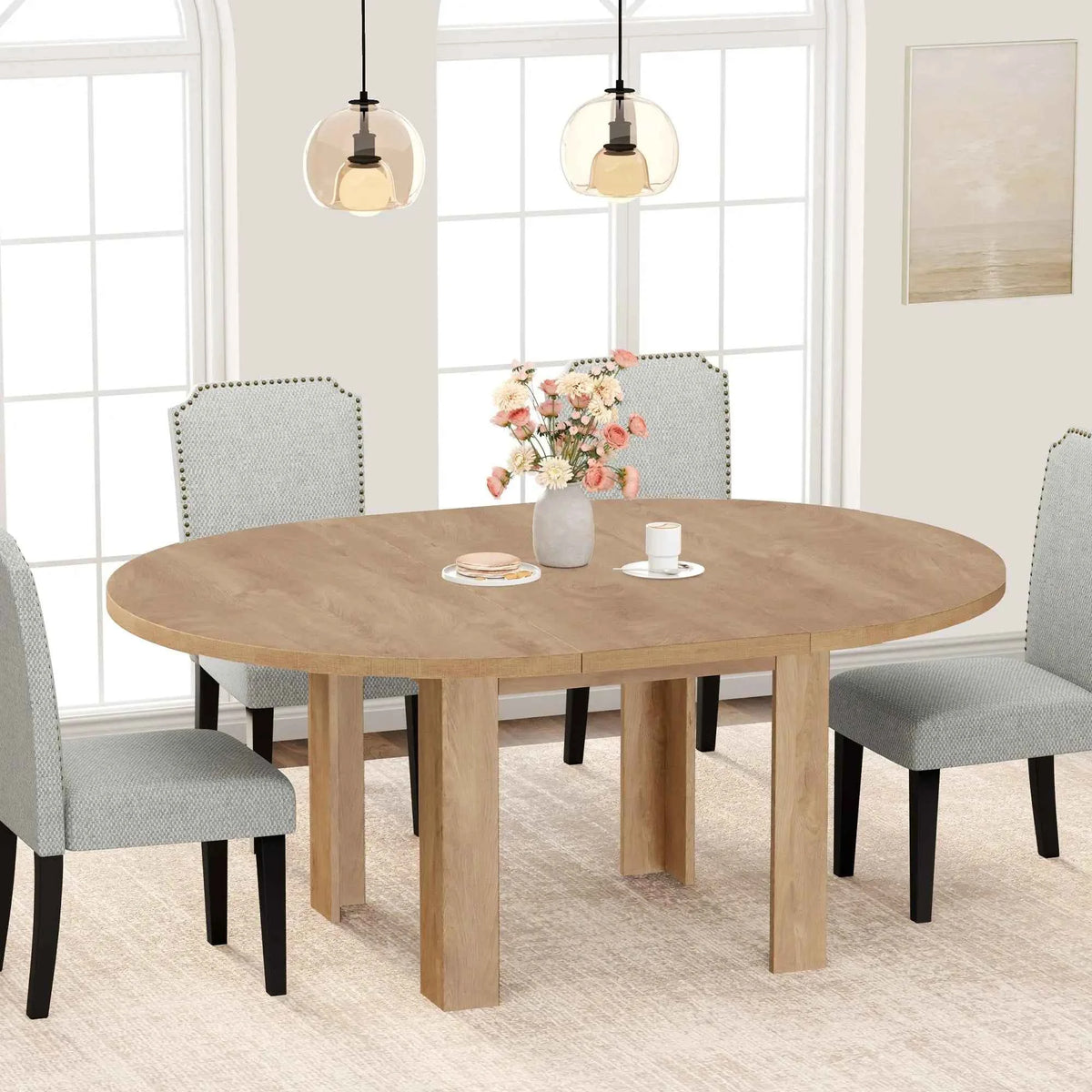 47-63 Inch Extendable Round To Oval Dining Table For 4-6, Farmhouse Kitchen Table With Hidden Leaf Storage And Sturdy Wood Legs