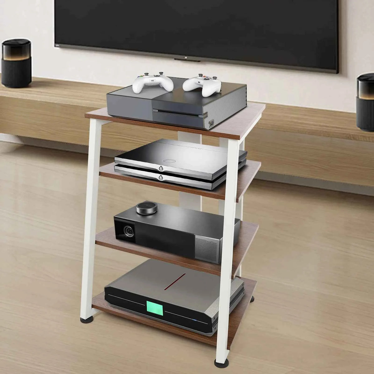 4‑Tier AV Media Stand with Cable Management. Carbon Steel Stereo Rack for Home Theater.
