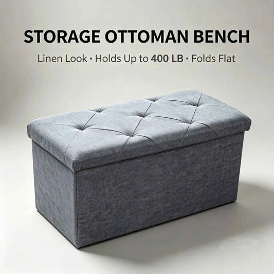 Folding Storage Ottoman Bench and Cube, Gray Tufted Fabric. Storage Chest Footrest Seat with 400 lb Capacity for Bedroom Entryway Living Room, Multiple Sizes