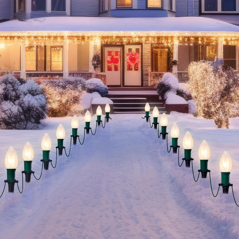 C9 Christmas Pathway Lights, 30.75ft with 24 Bulbs. Outdoor Warm White Light for Holiday. Waterproof, Outside and  Walkways festival lighting