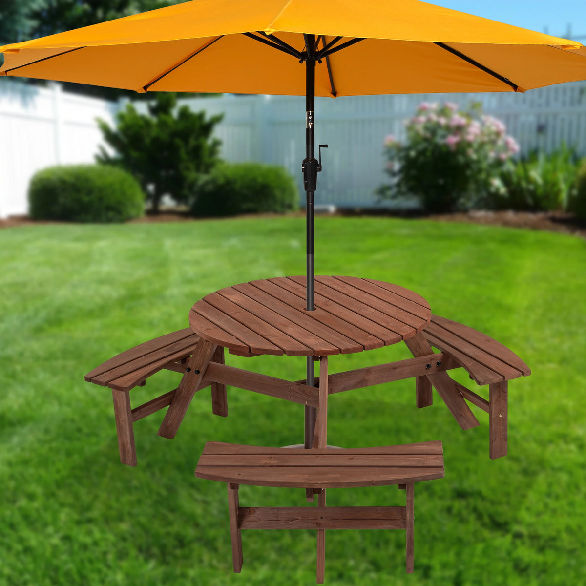 Solid Wood Round Outdoor Picnic Table with 3 Curved Benches, Weatherproof Wooden, Outdoor Patio Dining Furniture with Umbrella Hole. Weather Resistant Patio Dining Furniture Set for Garden, Backyard, or Deck