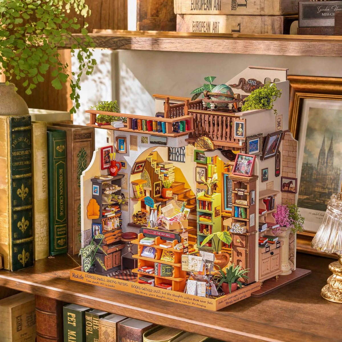 Rolife Wooden Dollhouse 3D Puzzle,  Page story Bookstore, DIY Miniature House Craft Kit Kit with LED Light for Bookshelf Decor. Brain Teasers, Jigsaw Toys, Holiday Gift for Book Lovers
