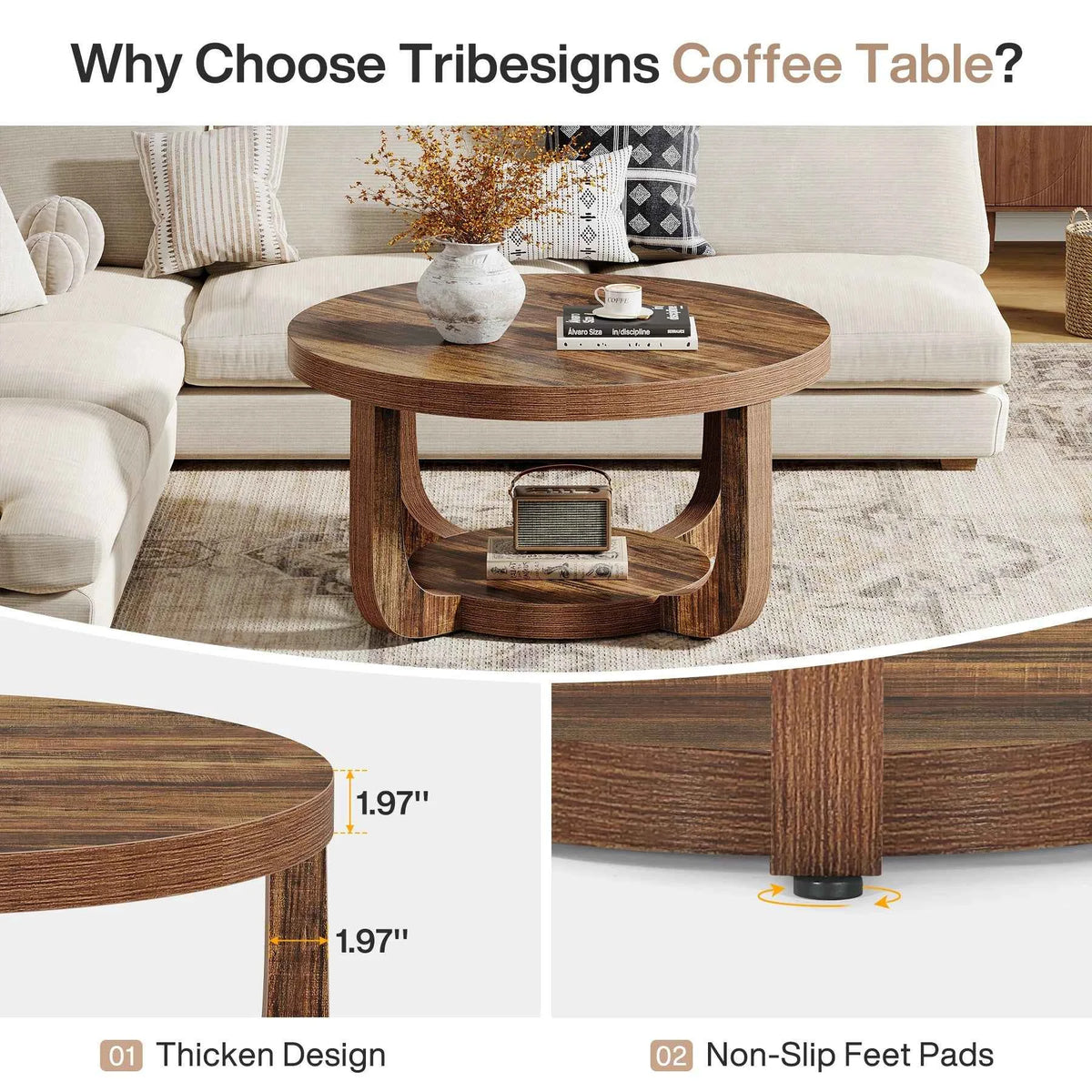 Tribesigns Round Coffee Table, 2-Tier Circle Coffee Table with Storage, Modern Wooden Accent Center Table for Living Room