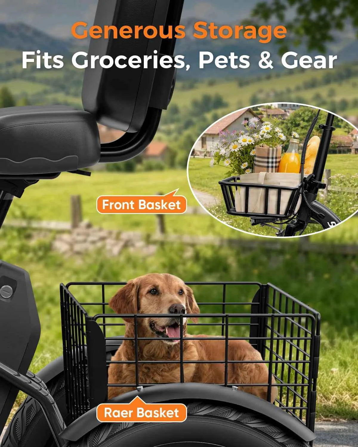 Spacewalk 1200W Peak Electric Trike for Adults, 48V, 15Ah Battery, 3 Wheel Electric Bike with 60 Miles Range, 18×3.0 Fat Tires, Dual Disc Brakes, Rear Cargo Basket, Adjustable Comfort Seat, Folding E Tricycle for Seniors-Bla