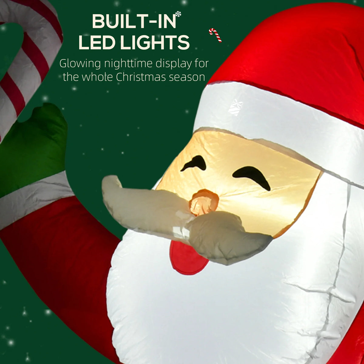 8 ft. Christmas Inflatable Santa Claus with Candy Cane. Outdoor Light Up LED