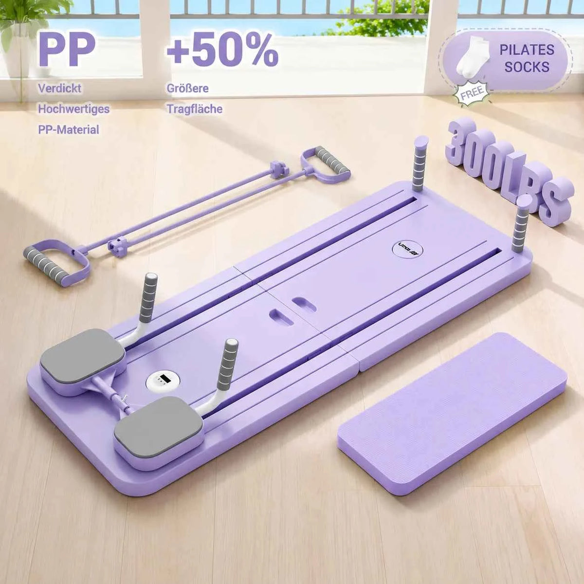 UMAY Multifunctional Pilates Board with Count Timer, Foldable Abdominal Trainer with Yoga Mat, Resistance Tubes.