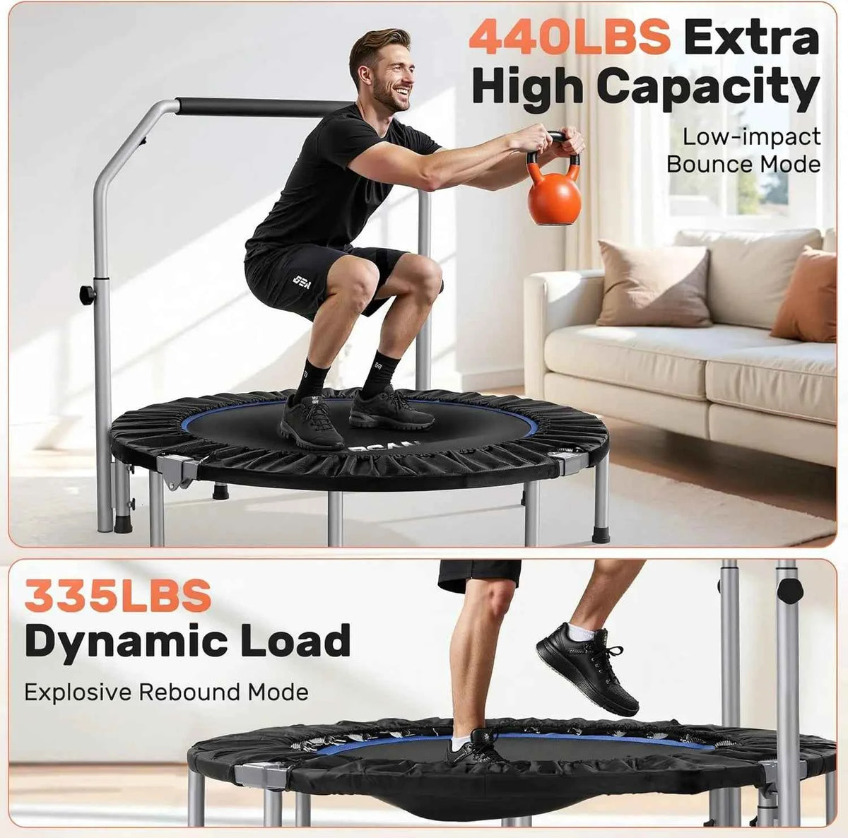40/48“ Foldable Mini Trampoline with Adjustable Foam Handle. Fitness Rebounder for Adults Max Load 440 Lbs