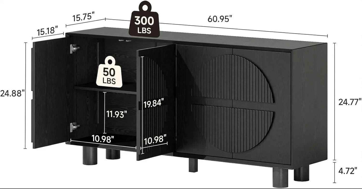 ONBRILL 63 Inch (160cm) Modern Fluted Buffet Cabinet - Storage Sideboard w/Push-Spring Doors, Entryway Dresser, Black