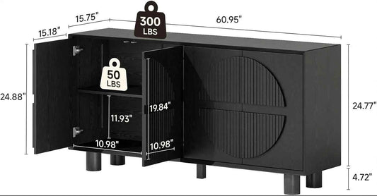 ONBRILL 63 Inch (160cm) Modern Fluted Buffet Cabinet - Storage Sideboard w/Push-Spring Doors, Entryway Dresser, Black