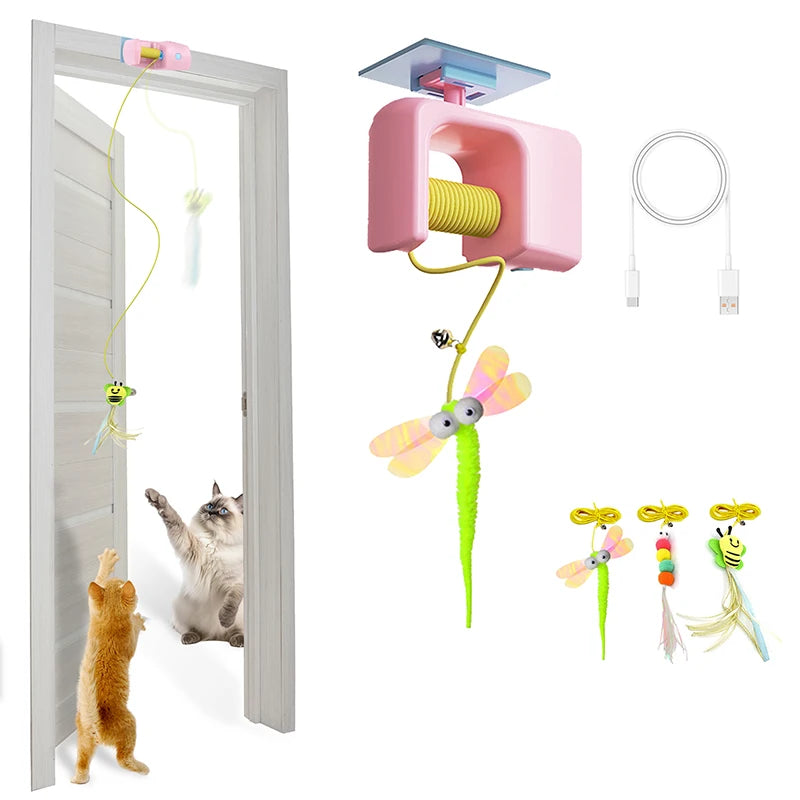 BOOTEELY Interactive Hanging Cat Retractable String, Rechargeable Toys for Indoor Kittens and Bored Adult with 3 Flying Feathers