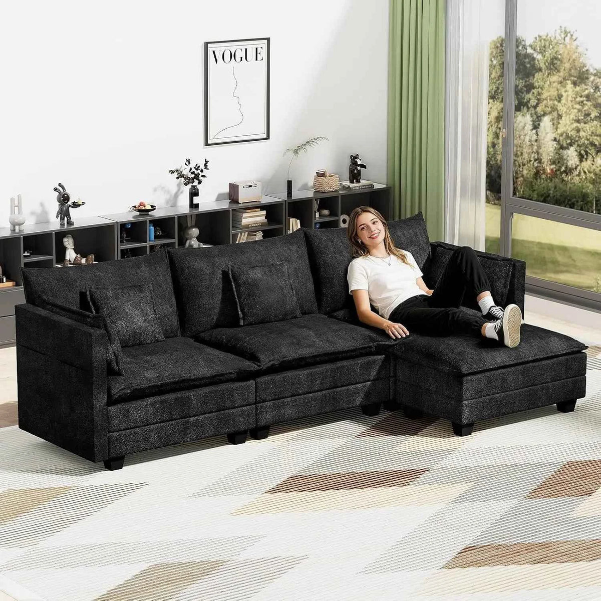 112.5" L-Shape Modular Sofa with Ottoman, Deep Seat Sleeper, 3 Throw & 2 Arm Pillows, Upholstered Furniture , Custom