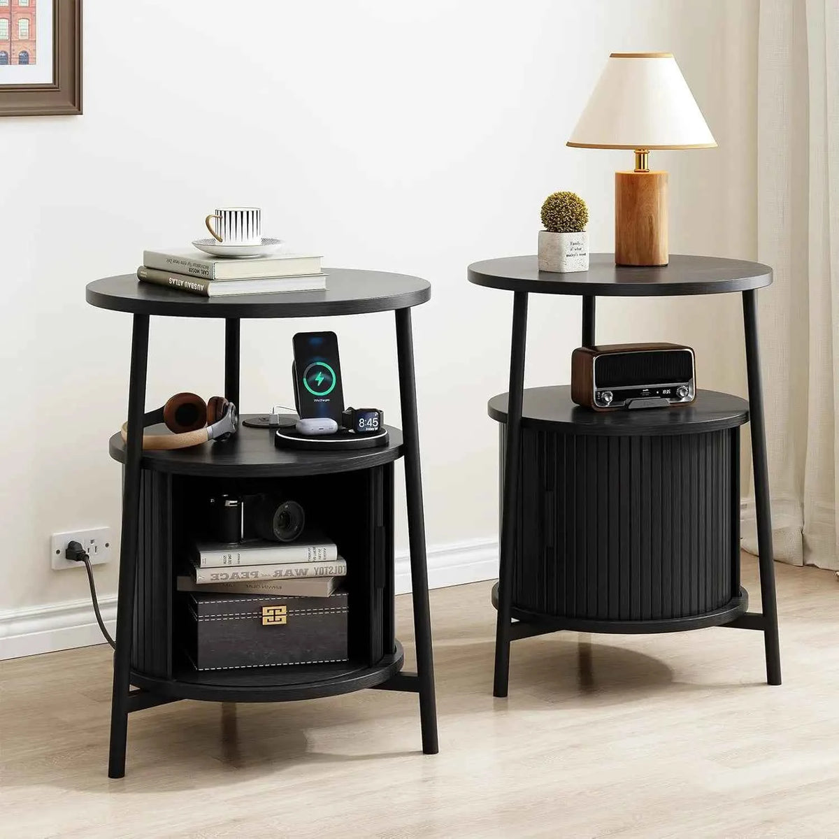 Black Small Round Side Table with Storage, Fluted Nightstand with Charging Station, Modern Bedside Tables, End Tables