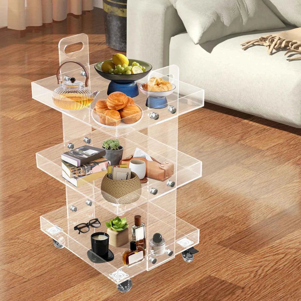-Tier Acrylic Mobile Storage Cart with Wheels Clear Multifunctional Utility Rolling Trolley and is 41.6x34x70cm