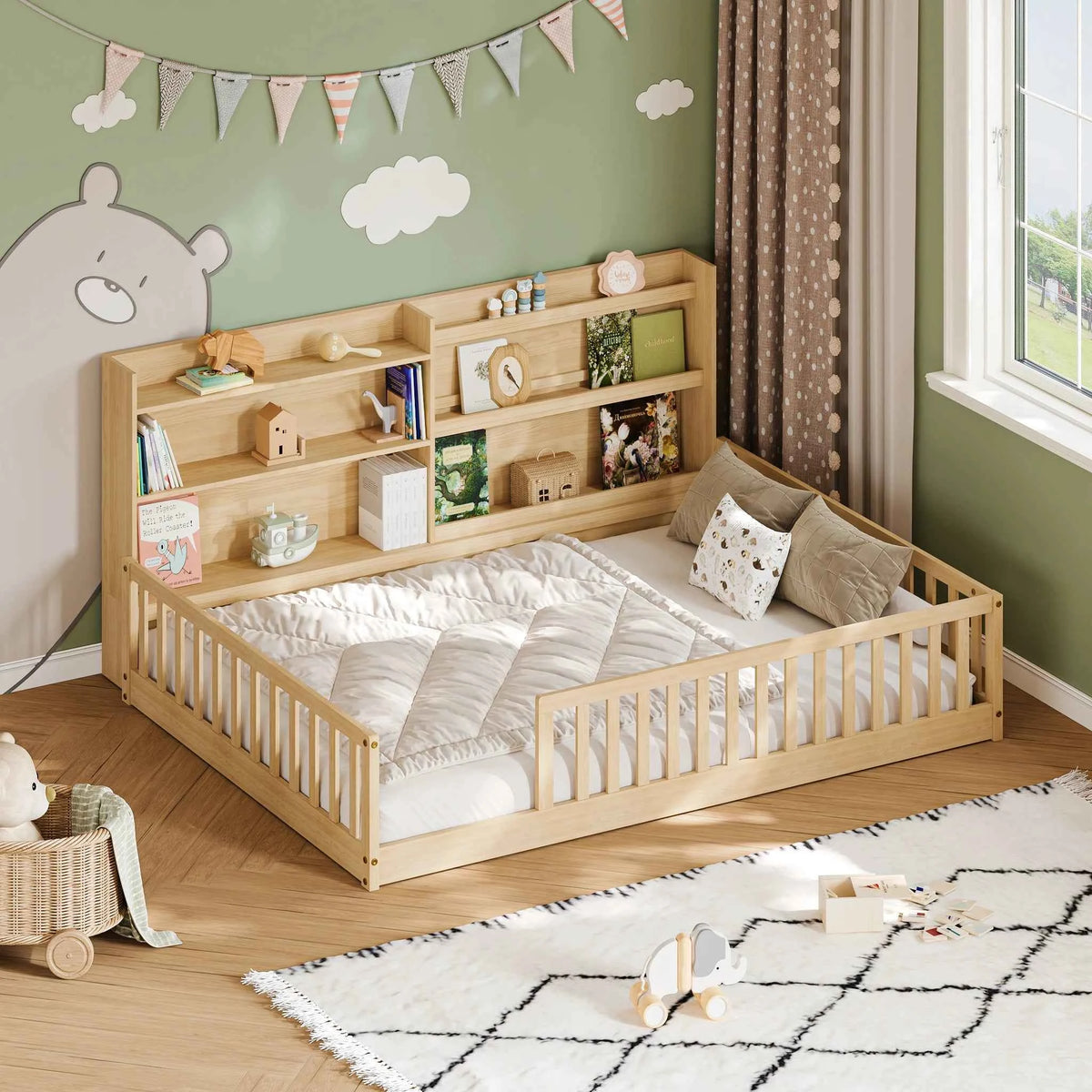 Full Size Floor Bed with Bookshelf & Safety Rails, Solid Pine Wood  Bed Frame, Low-to-Ground  for Kids or Toddler Bed with Wide Entrance, Natural