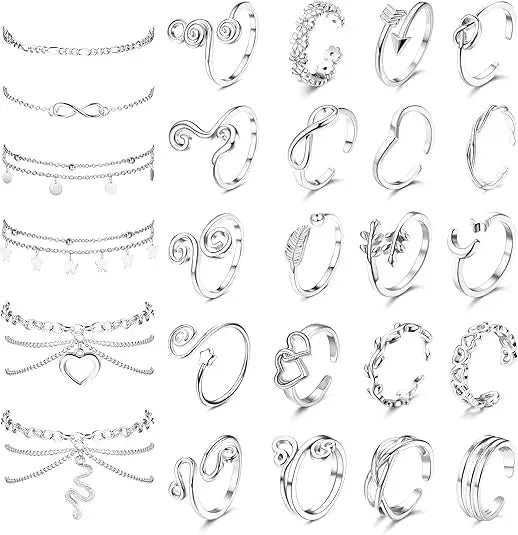 Toe Rings and Ankle Bracelets for Women. Gold Plated Cute Layered Anklets. Open Tail Ring. Adjustable Foot Jewelry