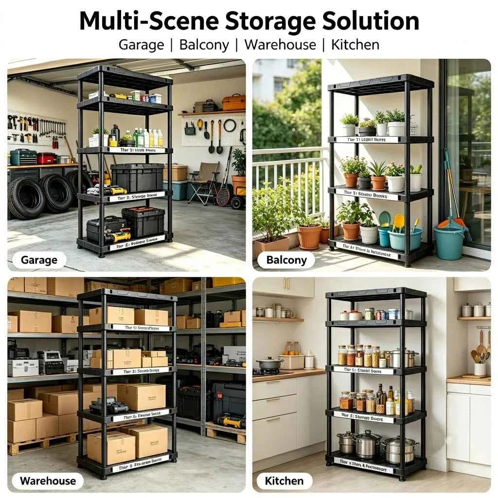 4 & 5 Tier Plastic Storage Shelving Unit, Heavy Duty Black PP Utility Rack, 3 Sizes Available Waterproof Organizer.