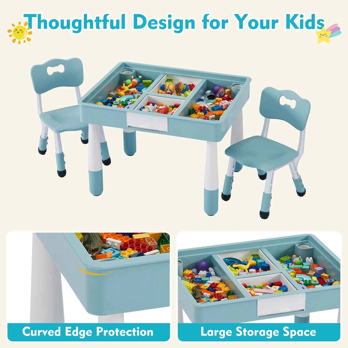 Kids 4 in 1 Table And 2 Chairs Set with Storage Toddler Desk And Chair Combo for Ages 3-10 Graffiti & Building Blocks Double-Sided. Grayish Blue