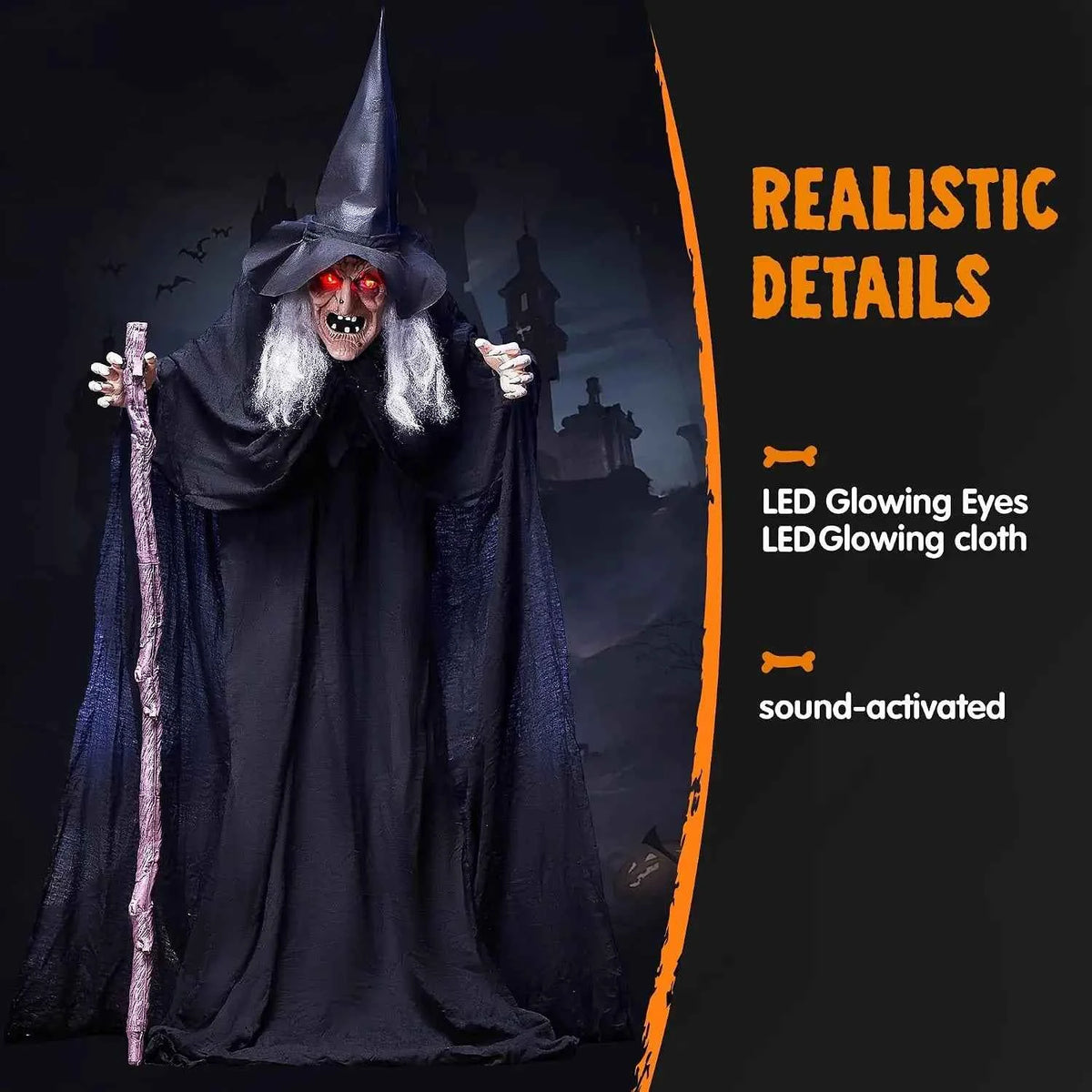 72" Animatronics Witch Outdoor Halloween Decorations with Cane. Life Size Animated Ghost. Haunted House Prop Décor with Creepy Sound and Light-up Eyes, Party Supplies