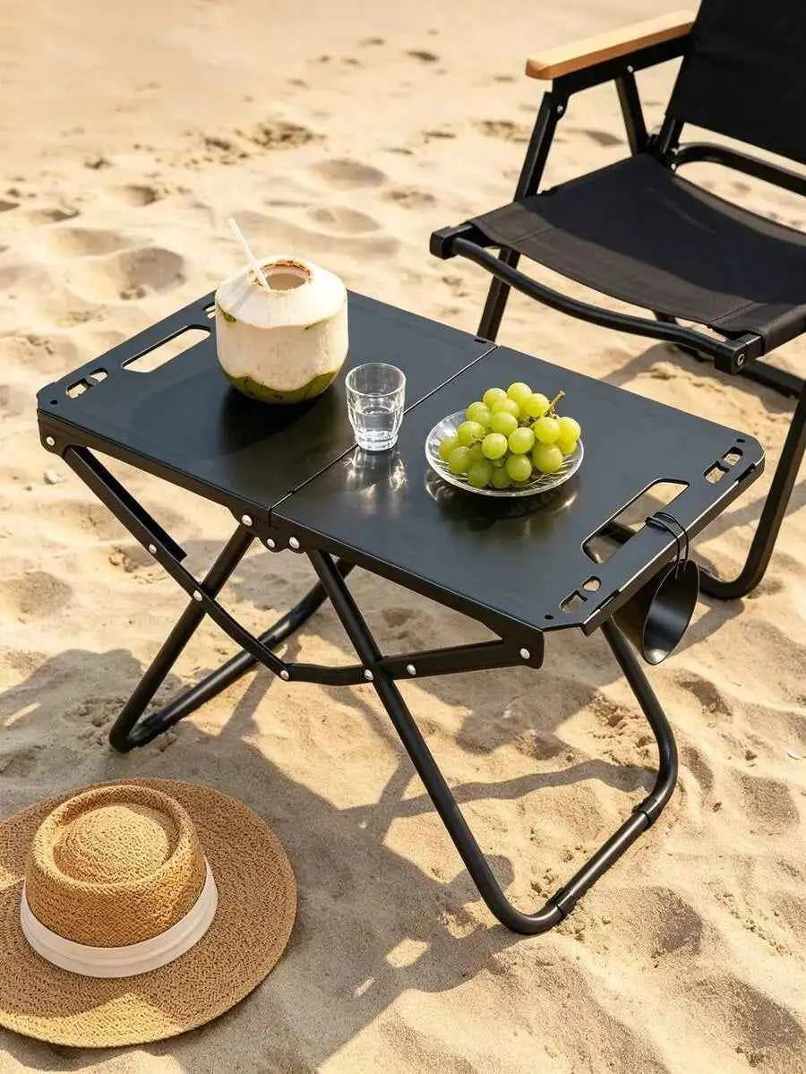 1-piece foldable portable table with cup holder, lightweight aluminum outdoor side table suitable for beach, picnic, fishing, hiking, and travel