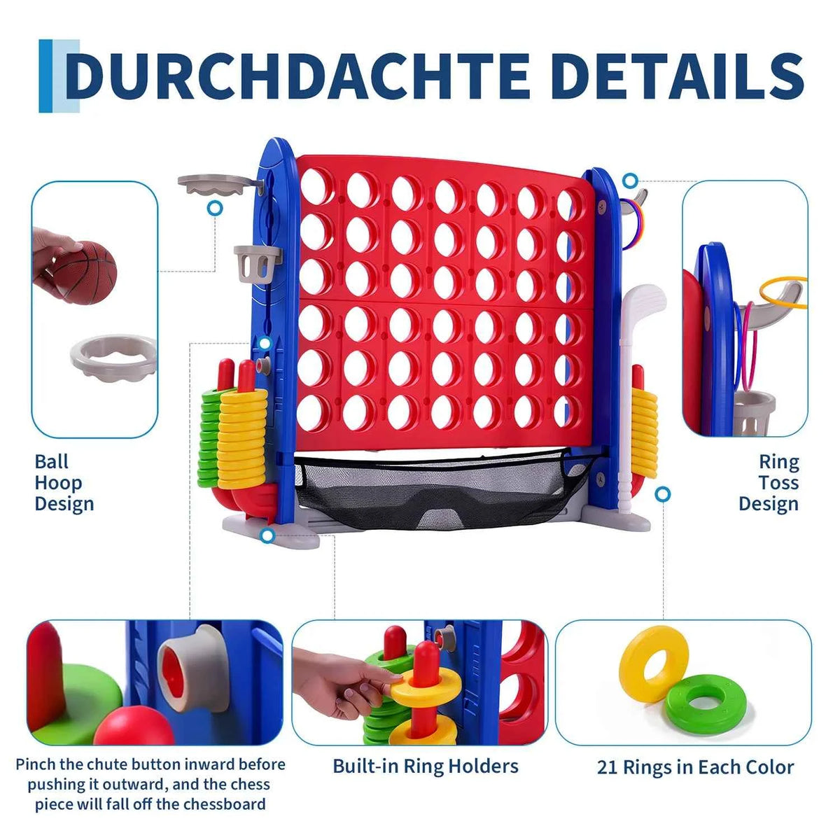 4-in-1 Giant Connect Game Set, Adjustable Height, Basketball Hoop, Ring Toss and Net Jumbo Outdoor Yard Game for Families Events