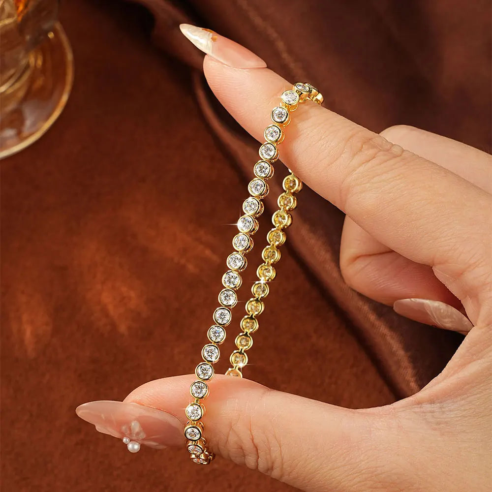 OXTAO Bezel Set Moissanite Tennis Bracelet, 14K Gold Filled D Color VVS1 Round Cut Imitation Diamond Bracelet, Gifts for Women