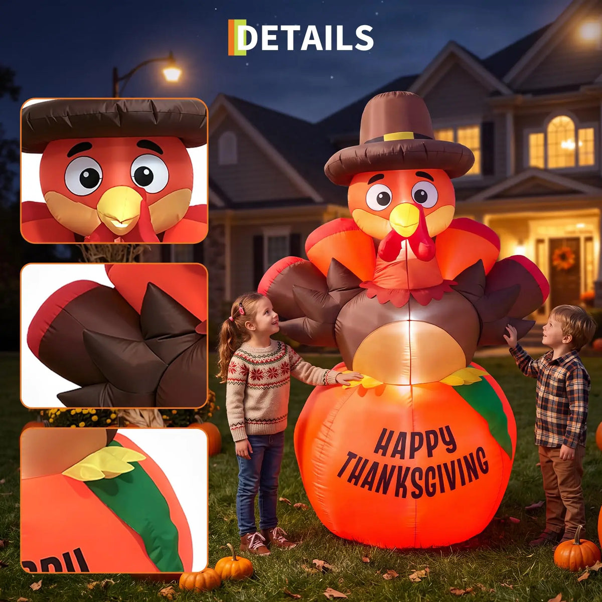 6ft Inflatable Thanksgiving Pumpkin and Turkey, With 7 Led Lights, Blower, Stakes & Ropes For Lawn, Porch, Garden.