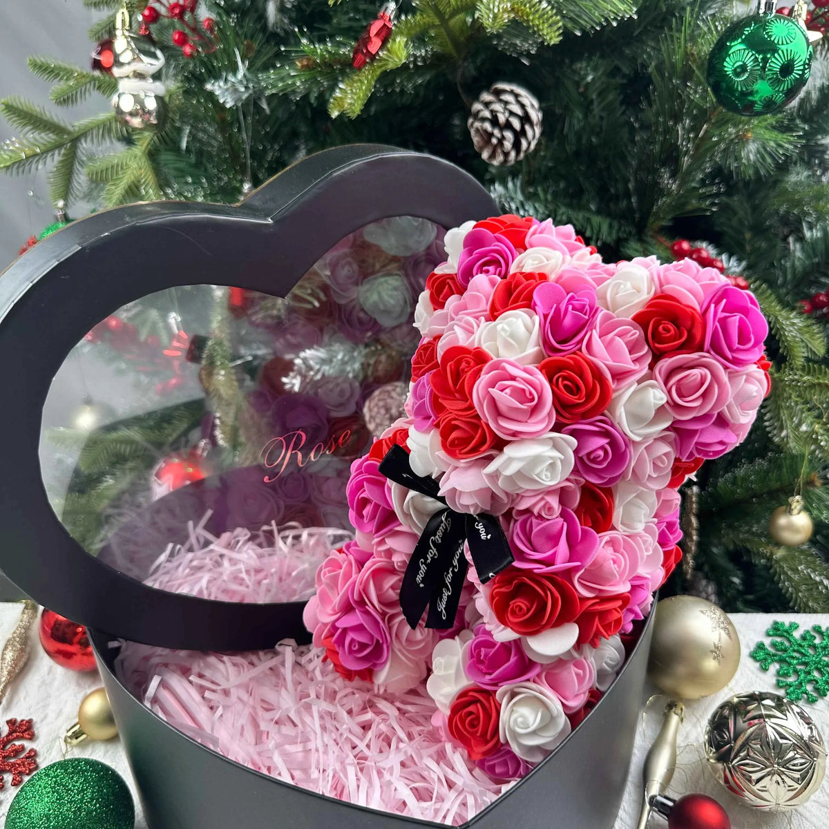 25cm Artificial Teddy Rose Flower Bear with Box. Romantic Valentines Day Gift, Girlfriend,  Anniversary, Wedding Party, Supplies