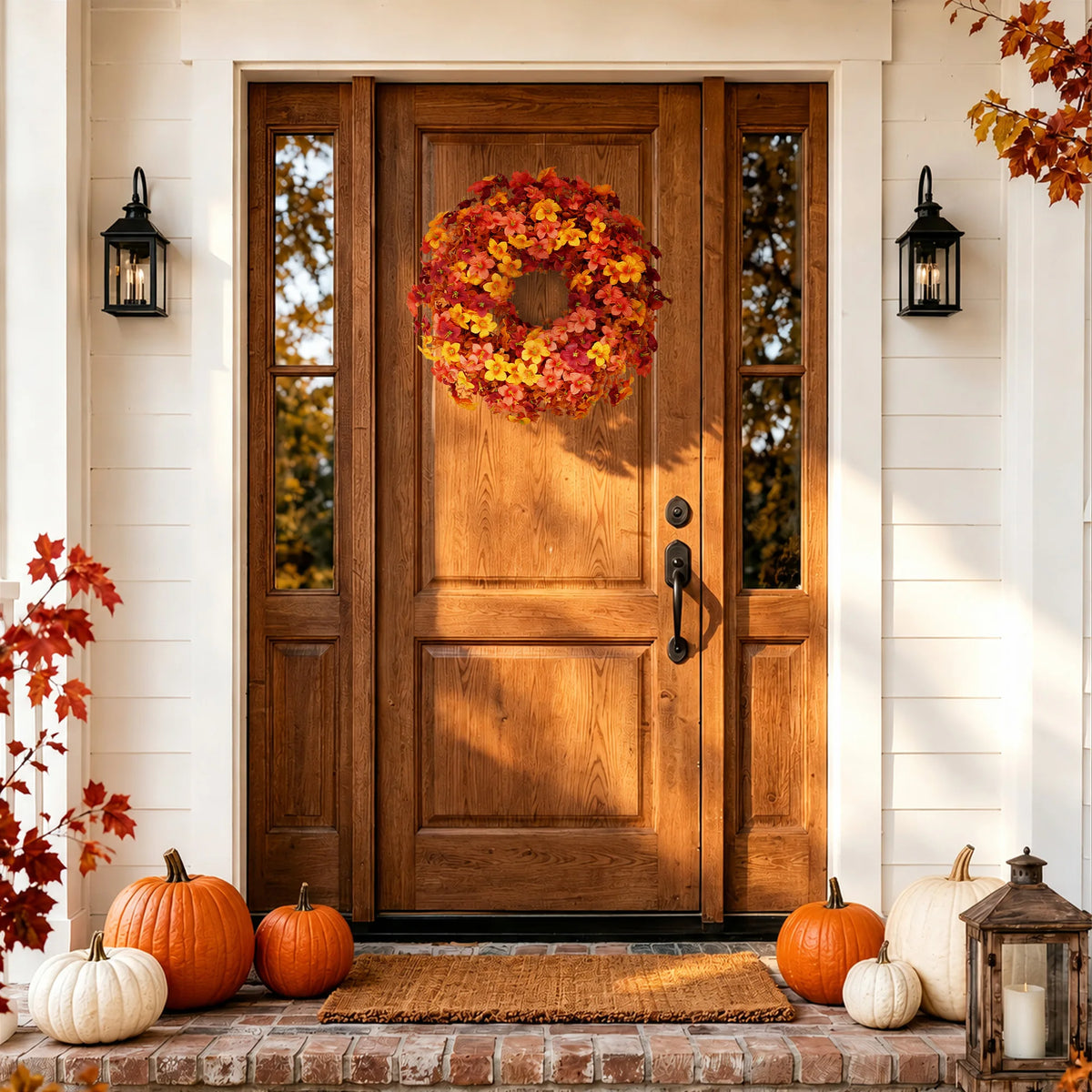 Artificial Fall Wreath 22 Inch Autumn Front Door Wreath with Orange Yellow Floral, Thanksgiving Harvest Wreath for Porch, Wall, Fireplace. or Window