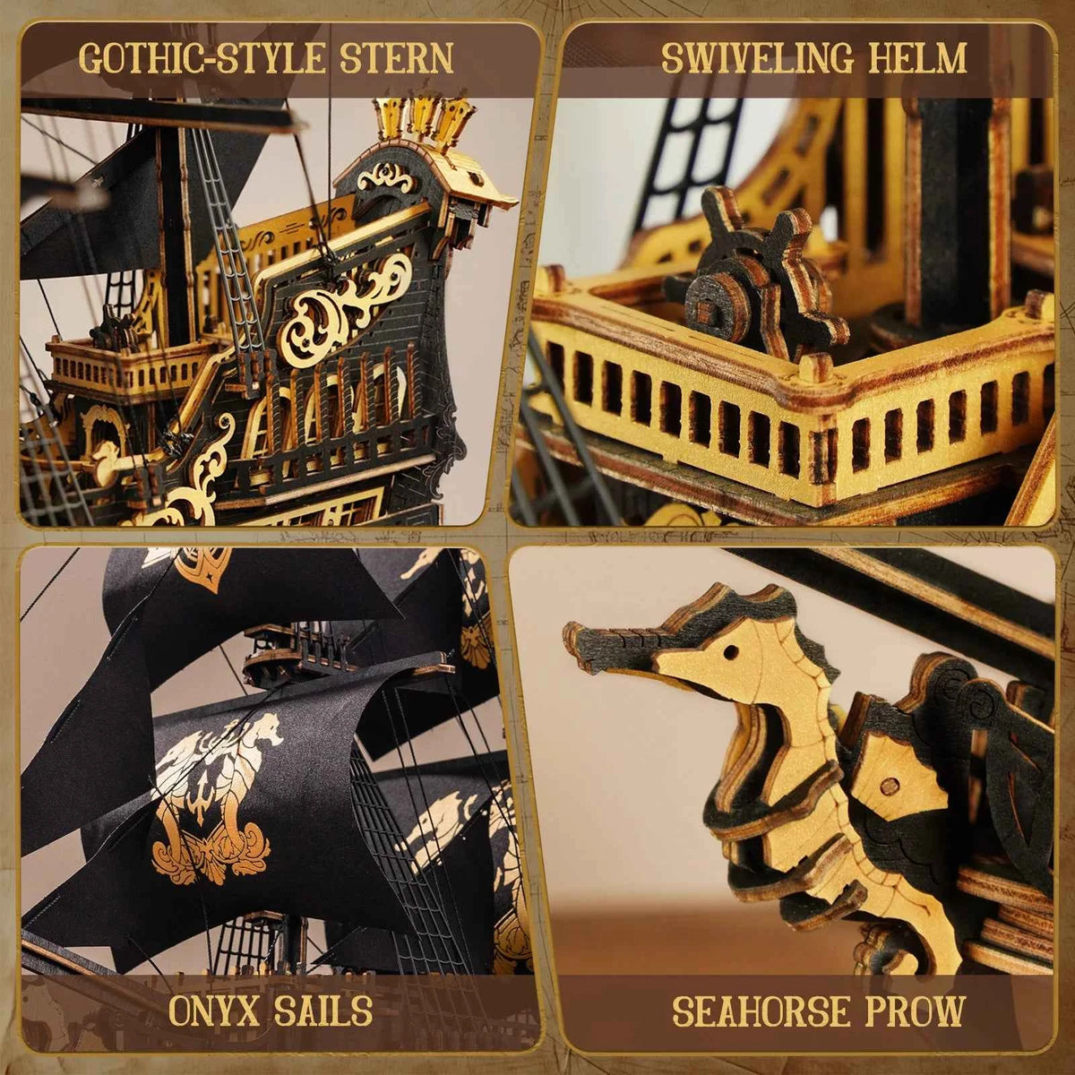 ROKR Seahorse Barque Wooden 3D Puzzle. 1:100 Scale DIY Sailboat Model Building Kit. 603 Pieces Brain Teasers Jigsaw Toy for Adults,  Boys