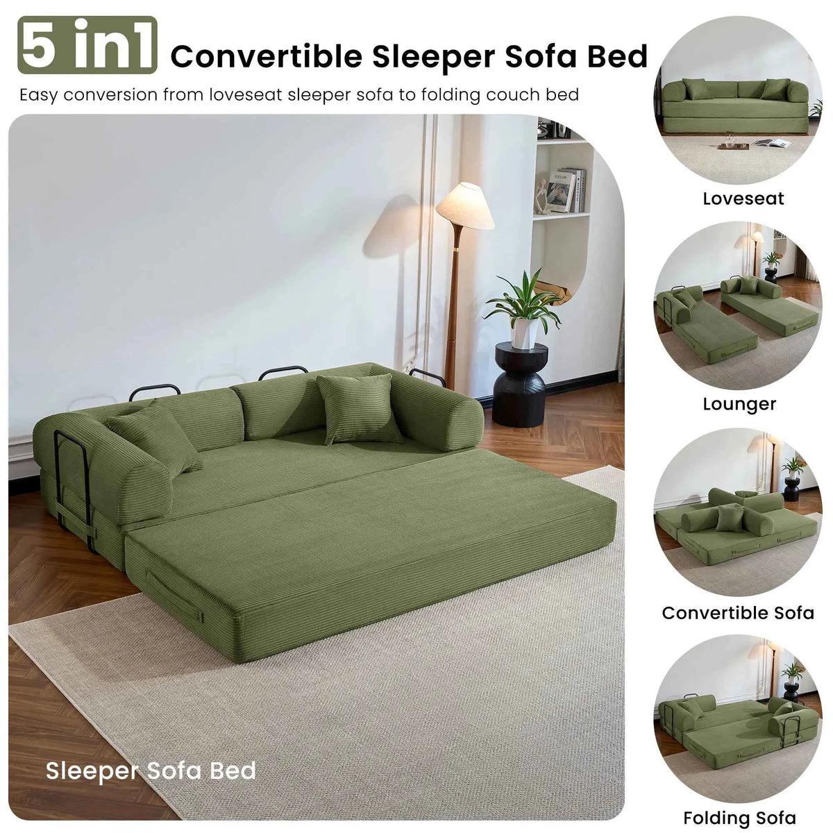 79’’ Folding Convertible Sofa Bed.  Corduroy Upholstered Boneless Couch, Loveseat Sleeper. Floor Sofa for Living Room or Bedroom