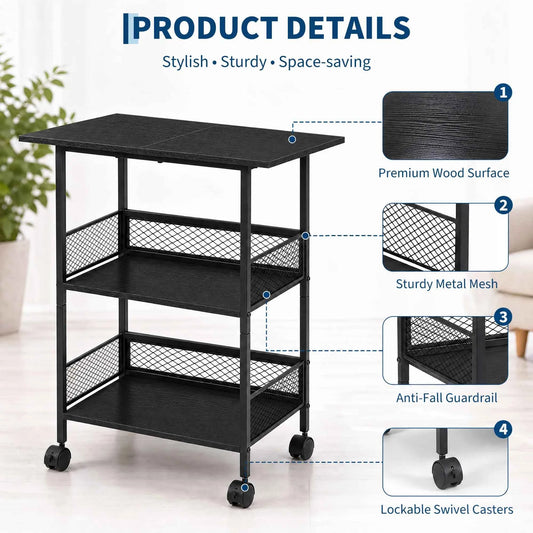 3-Tier Printer Stand with Storage Shelves, Mobile Heavy Duty Rolling Rack on Wheels for Large Printers, Black Industrial MDF and Iron,