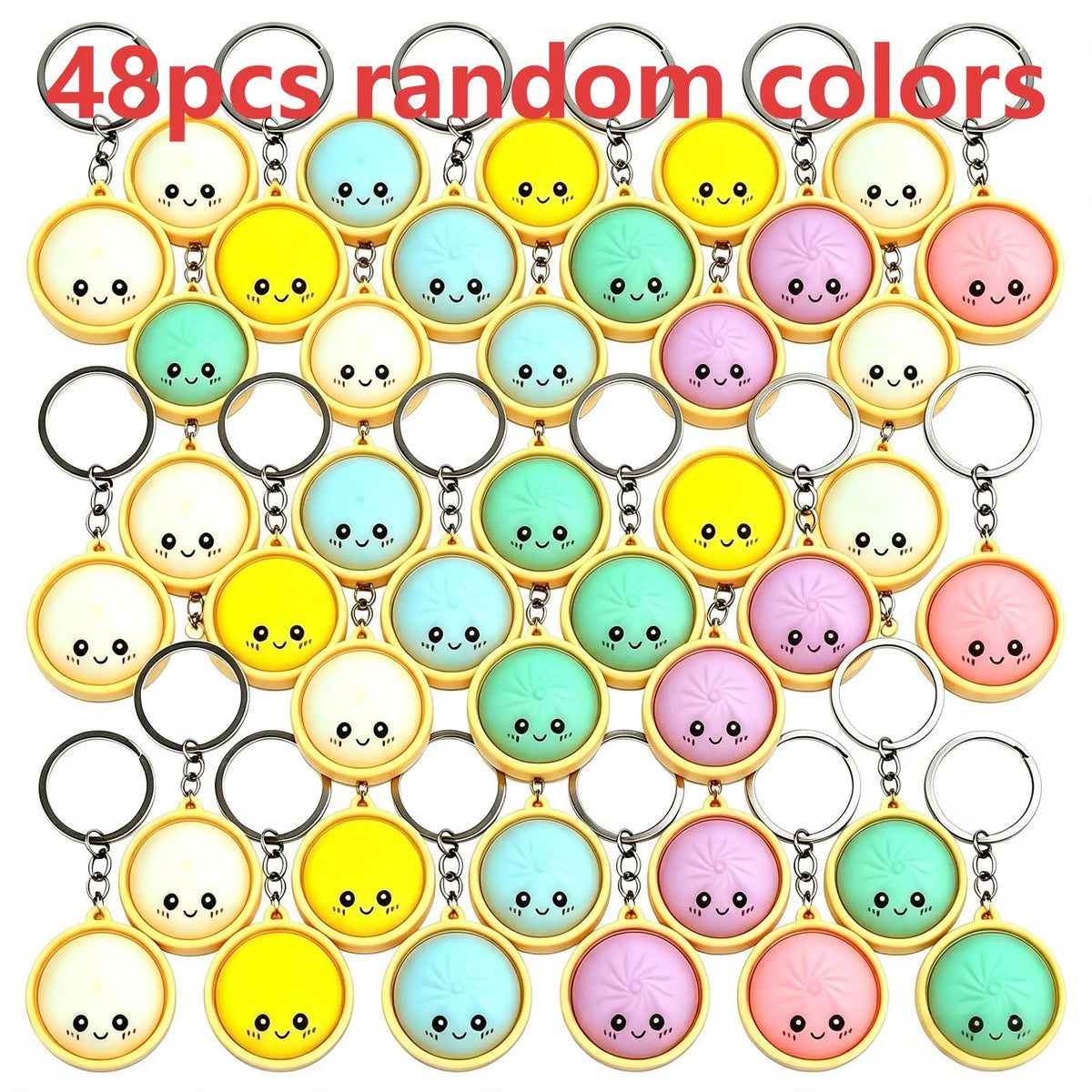 48Pcs Cute Steamed Bun Baozi Keychain. Random Color, Cartoon Face Key Ring, Pendant.