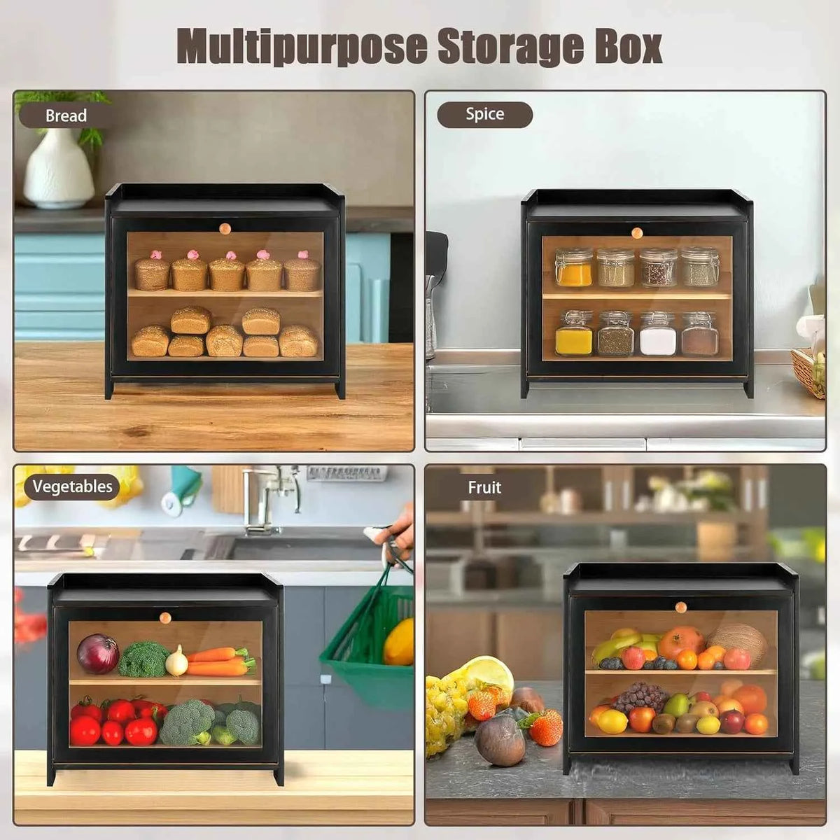 2 Layer Large Capacity Bamboo Bread Box with Tempered Glass Window, Farmhouse Kitchen Countertop Storage Container .