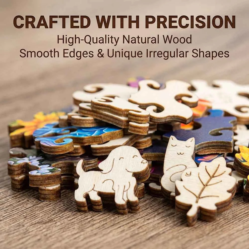 Vase Shaped Mountain Lake, Cat, Floral Wooden Jigsaw Puzzle, Country Cabin Riverside Scenery Irregular Basswood Puzzle,