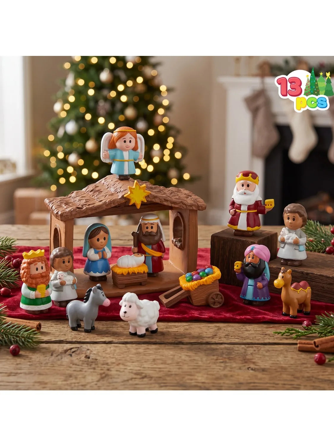 13pcs Christmas Story scene of baby Jesus in the manger. With the angels, animals, wise men. and a few other miniature items. That the kids can move around.