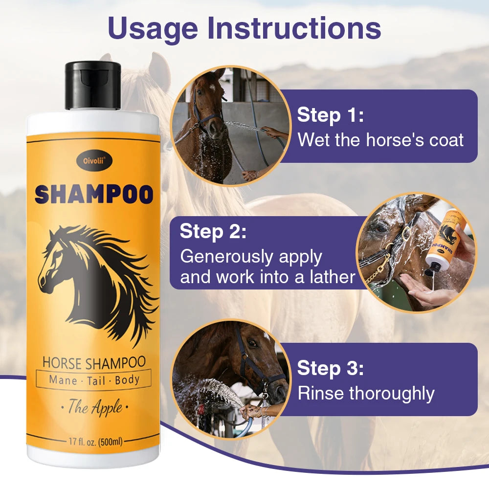 Horse Shampoo & Conditioner, 500ml, Apple Scented, Gentle Moisturizing for Mane & Tail Care. Deep Nourishing for Coat. Full Body Cleaning for Shiny Hair